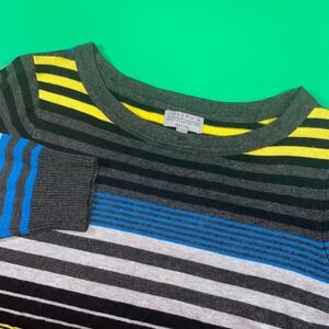 Joseph A Petite Sweater Striped Gray Blue Yellow Knit 3/4 Sleeve Top